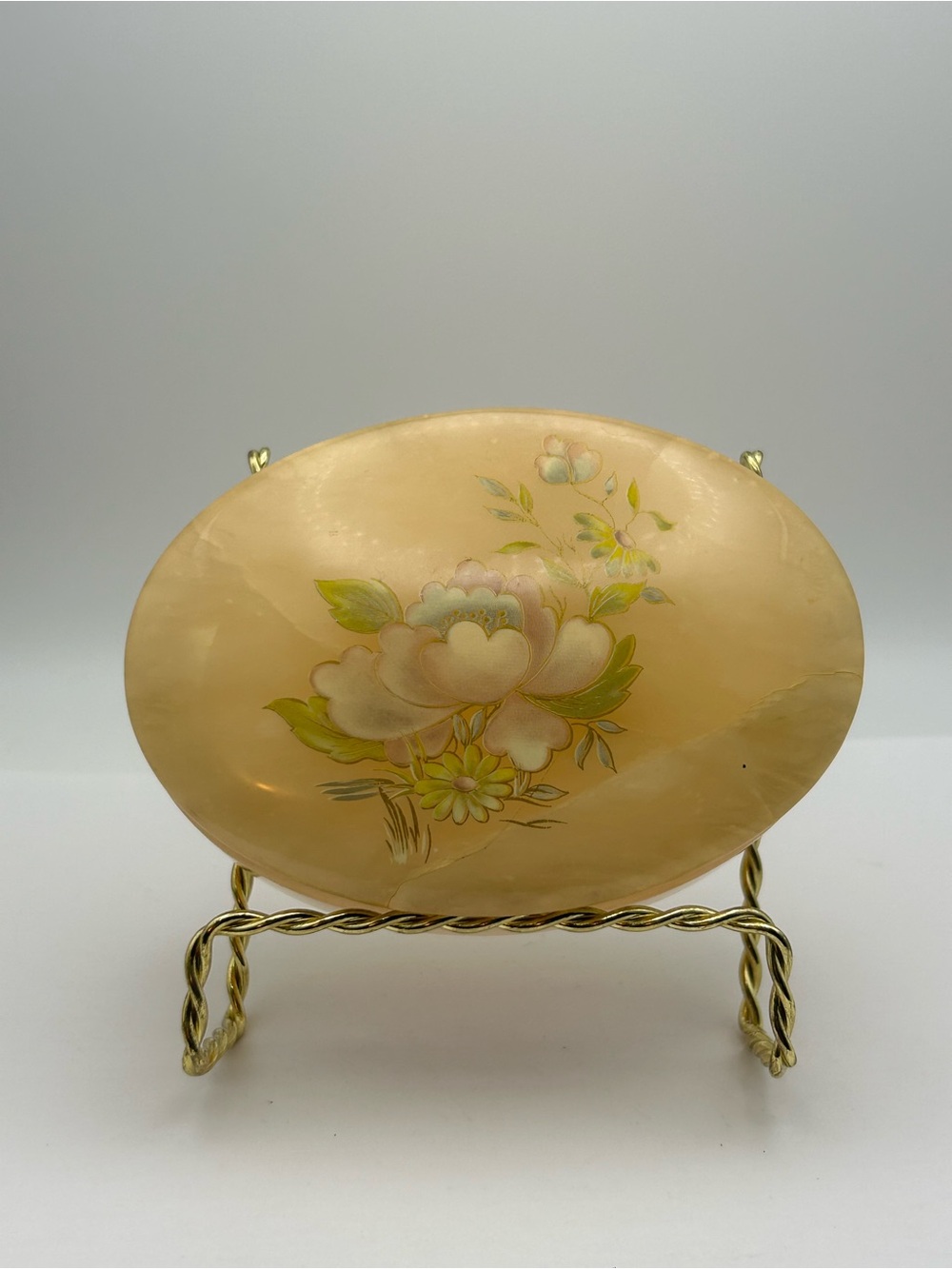 Vintage Hand Painted Genuine Alabaster Trinket Jewelry Box Hinged Italy Peach